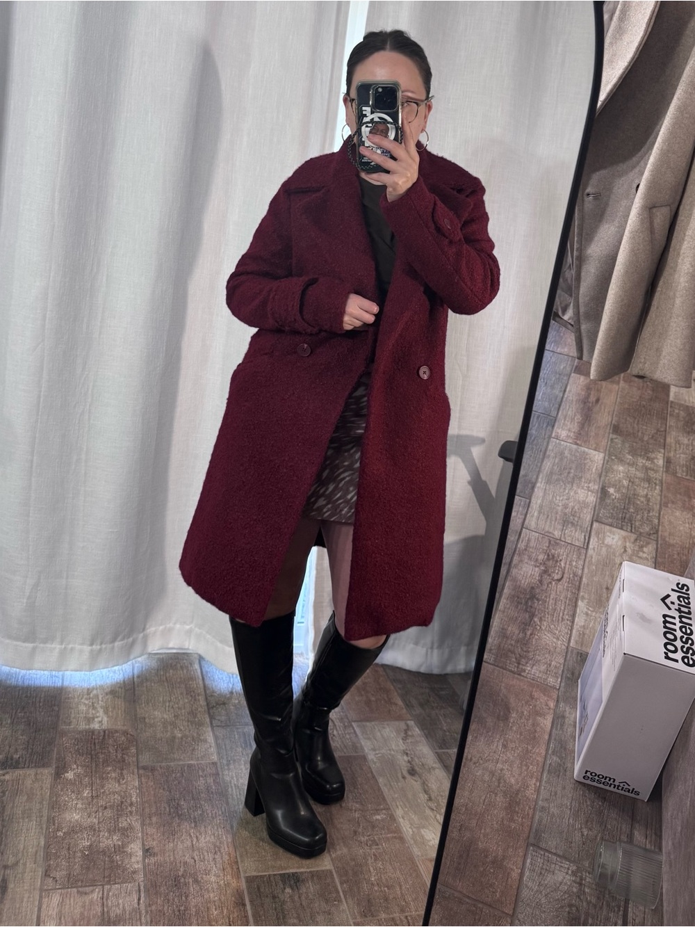 Nine West Burgundy Bouclé Double Breasted Long Coat